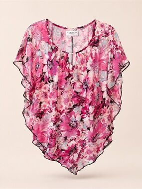Notations Floral Blouse Top Pink Romantic Sheer Overlay Soft Feminine Chic Sz L